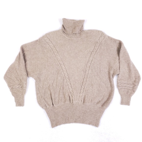 Vintage 80s Richard & Co. Lambswool Angora Turtleneck Sweater S Beige Cable Knit - Picture 1 of 11